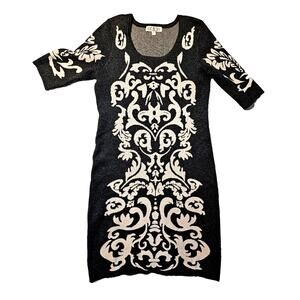 Pink Rose Sweater Dress Sz Large Black White Short Sleeve Stretch Bodycon Preppy